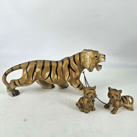 Vintage Tiger big cat Chain chained Family leashed cubs Ceramic Mid Century 8"